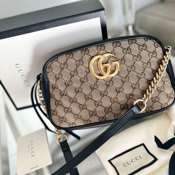 Gucci Handbags - Gucci GG Marmont Crossbody Bag, Canvas Black Gold Brown With Dustbag, Box & Card